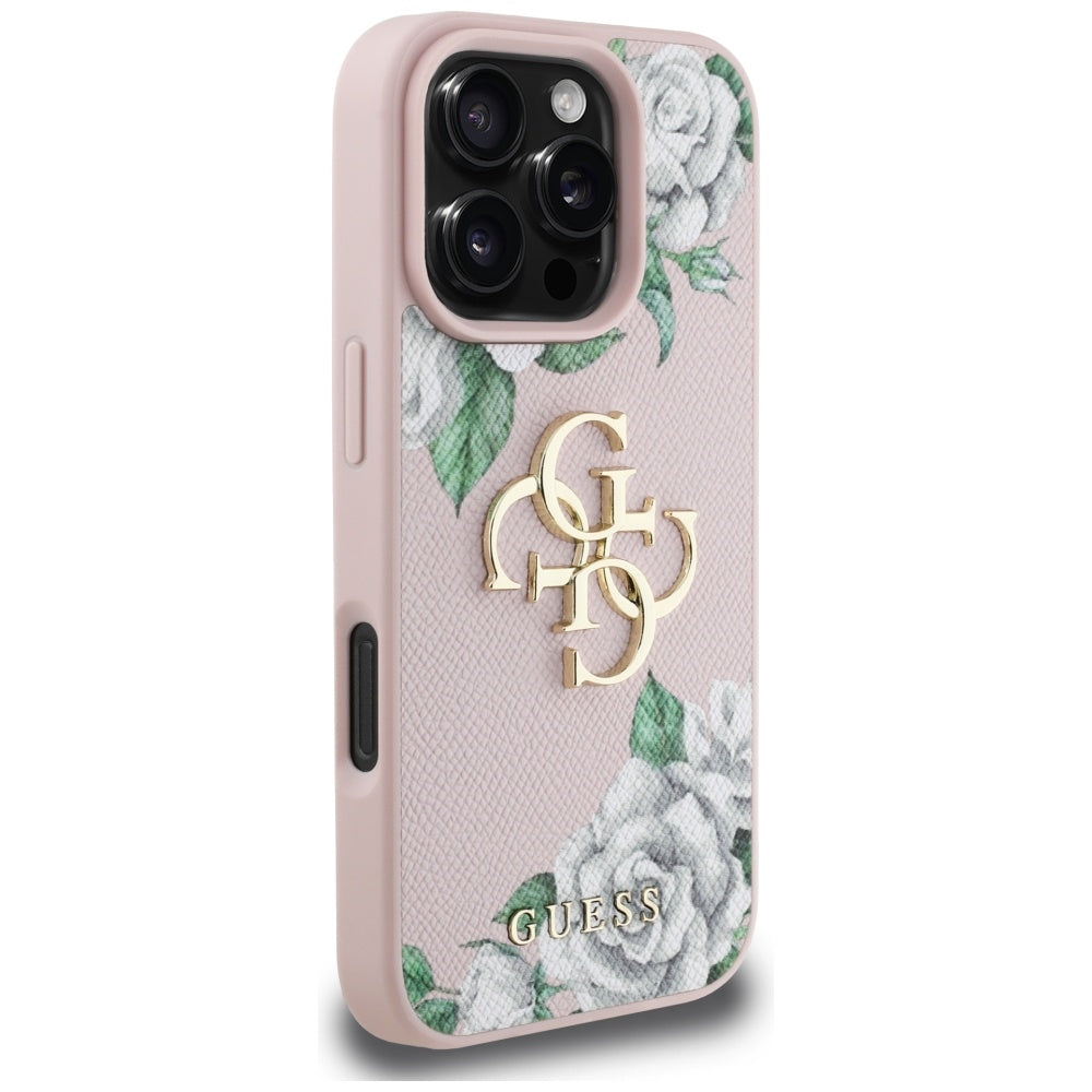 Custodia per Apple iPhone 16 Pro Max, Guess, 4G Grained Roses Big Logo, Rosa