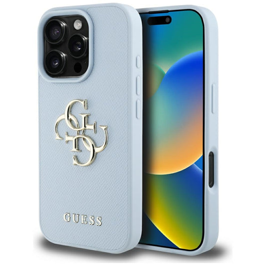 Custodia per Apple iPhone 16 Pro Max, Guess, Grained Big 4G Logo Small Classic Logo, Blu