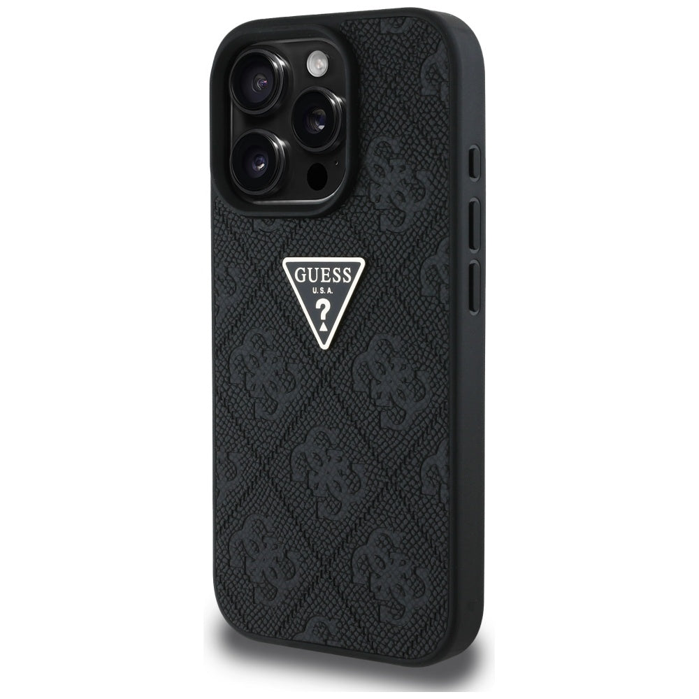Case for Apple iPhone 16 Pro Max, Guess, Hot Stamp 4G Pattern Triangle Logo, Black