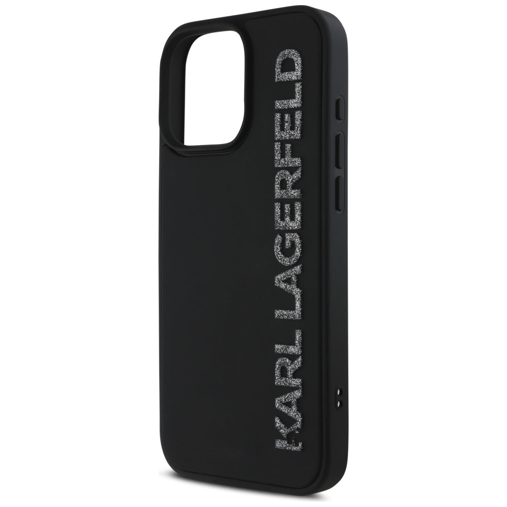 Custodia per Apple iPhone 16 Pro Max, Karl Lagerfeld, 3D Rubber Elongated Glitter Logo, Nera