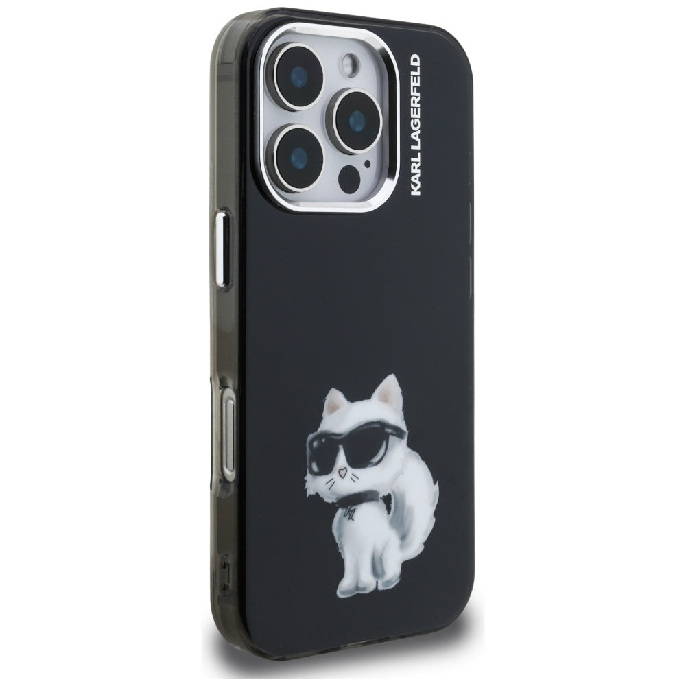 Custodia per Apple iPhone 16 Pro Max, Karl Lagerfeld, IML Aquarelle Logo Choupette, Nera
