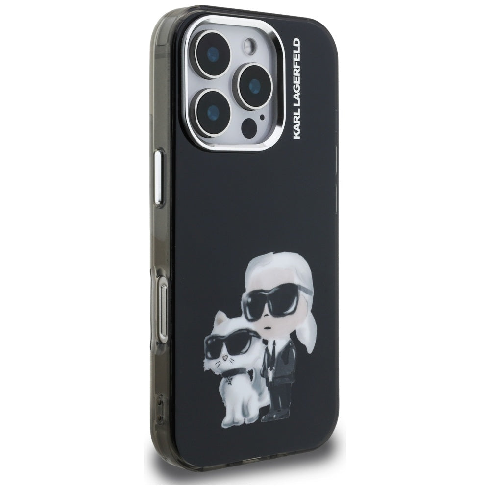 Custodia per Apple iPhone 16 Pro Max, Karl Lagerfeld, IML Aquarelle Logo Karl & Choupette, Nera