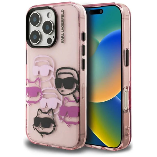 Custodia per Apple iPhone 16 Pro Max, Karl Lagerfeld, IML Luxury Multi Head Pattern, Rosa