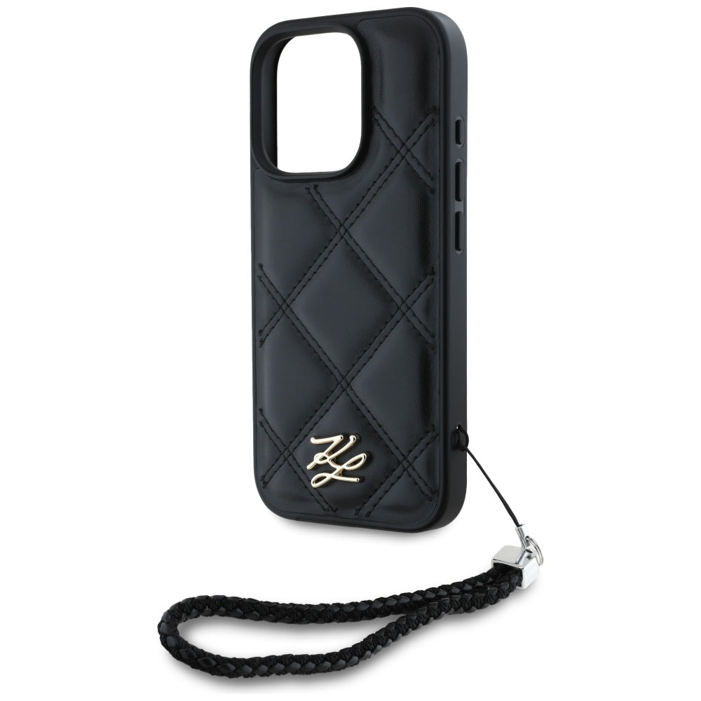Case for Apple iPhone 16 Pro Max, Karl Lagerfeld, Quilted Initial Logo & Chain Strap, Black