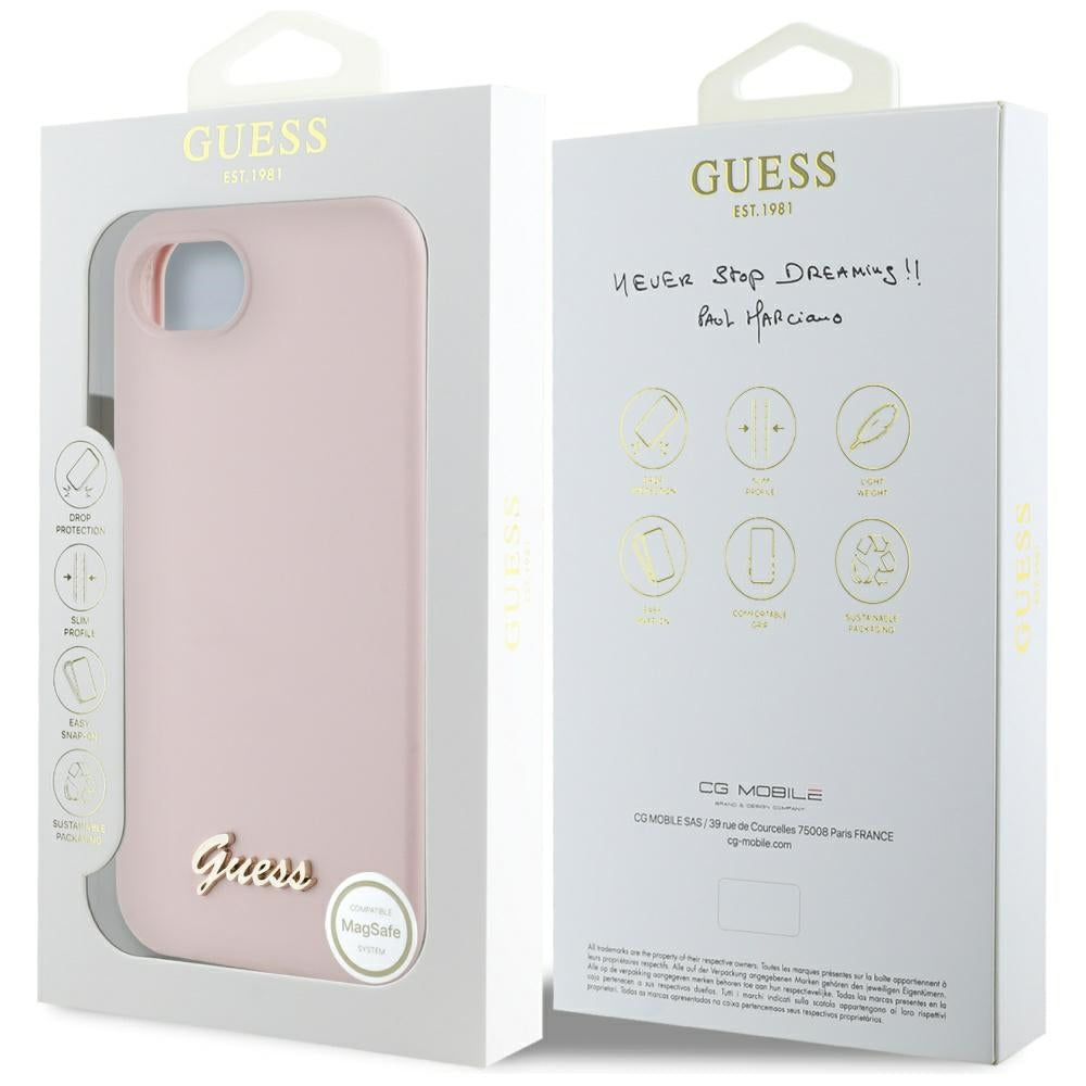 Custodia per Apple iPhone 16e, Guess, Script Metal Logo, Rosa