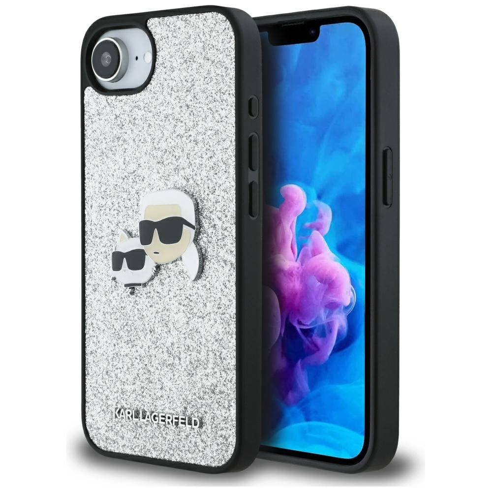 Custodia per Apple iPhone 16e, Karl Lagerfeld, Glitter Fixed Karl & Choupette's Heads, Argento