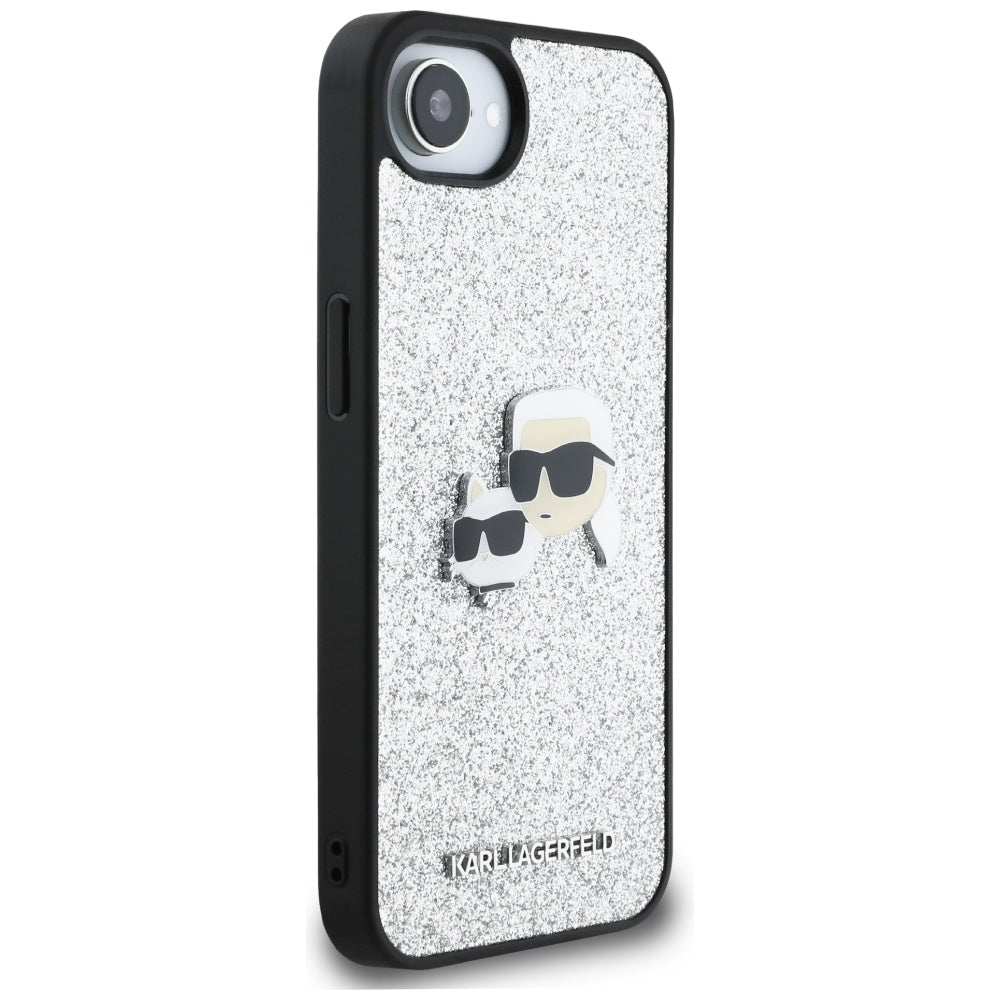 Custodia per Apple iPhone 16e, Karl Lagerfeld, Glitter Fixed Karl & Choupette's Heads, Argento