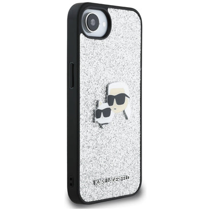 Custodia per Apple iPhone 16e, Karl Lagerfeld, Glitter Fixed Karl & Choupette's Heads, Argento
