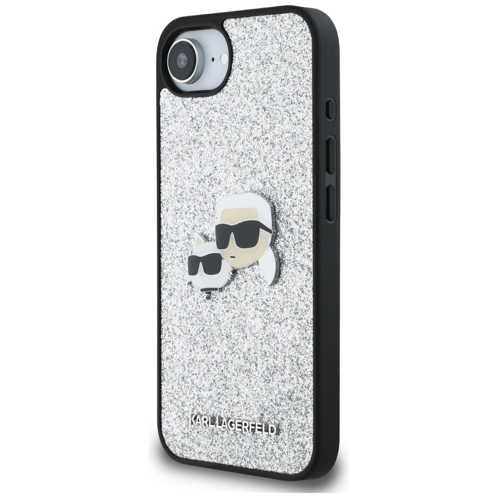 Custodia per Apple iPhone 16e, Karl Lagerfeld, Glitter Fixed Karl & Choupette's Heads, Argento