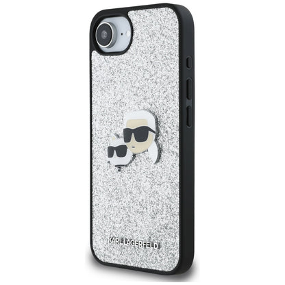 Custodia per Apple iPhone 16e, Karl Lagerfeld, Glitter Fixed Karl & Choupette's Heads, Argento