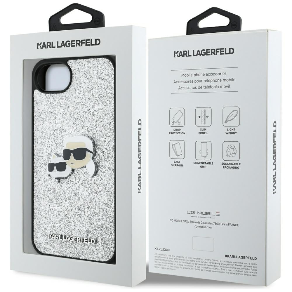 Custodia per Apple iPhone 16e, Karl Lagerfeld, Glitter Fixed Karl & Choupette's Heads, Argento