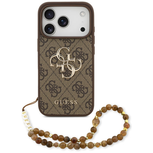 Custodia per Apple iPhone 17 Pro, Guess, 4G Classic Logo con Cinturino di Perle, Marrone