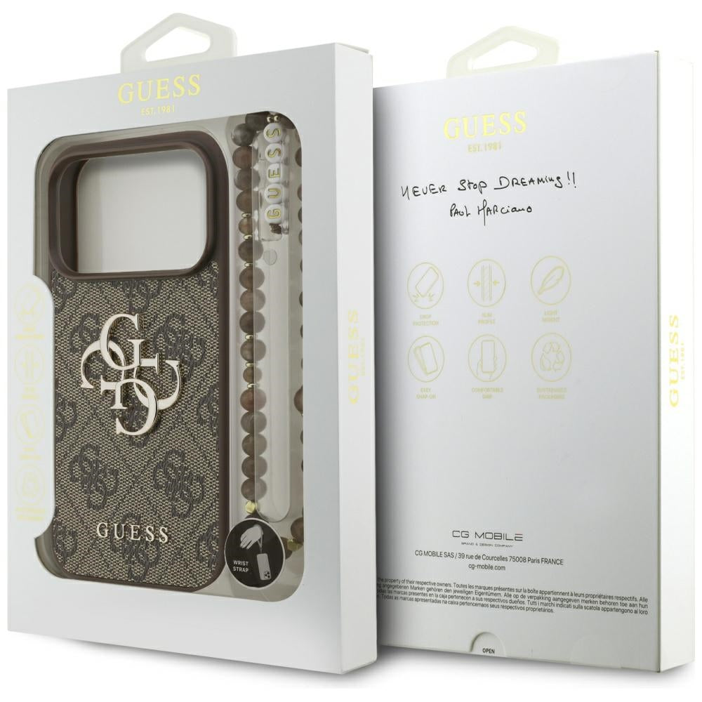 Custodia per Apple iPhone 17 Pro, Guess, 4G Classic Logo con Cinturino di Perle, Marrone