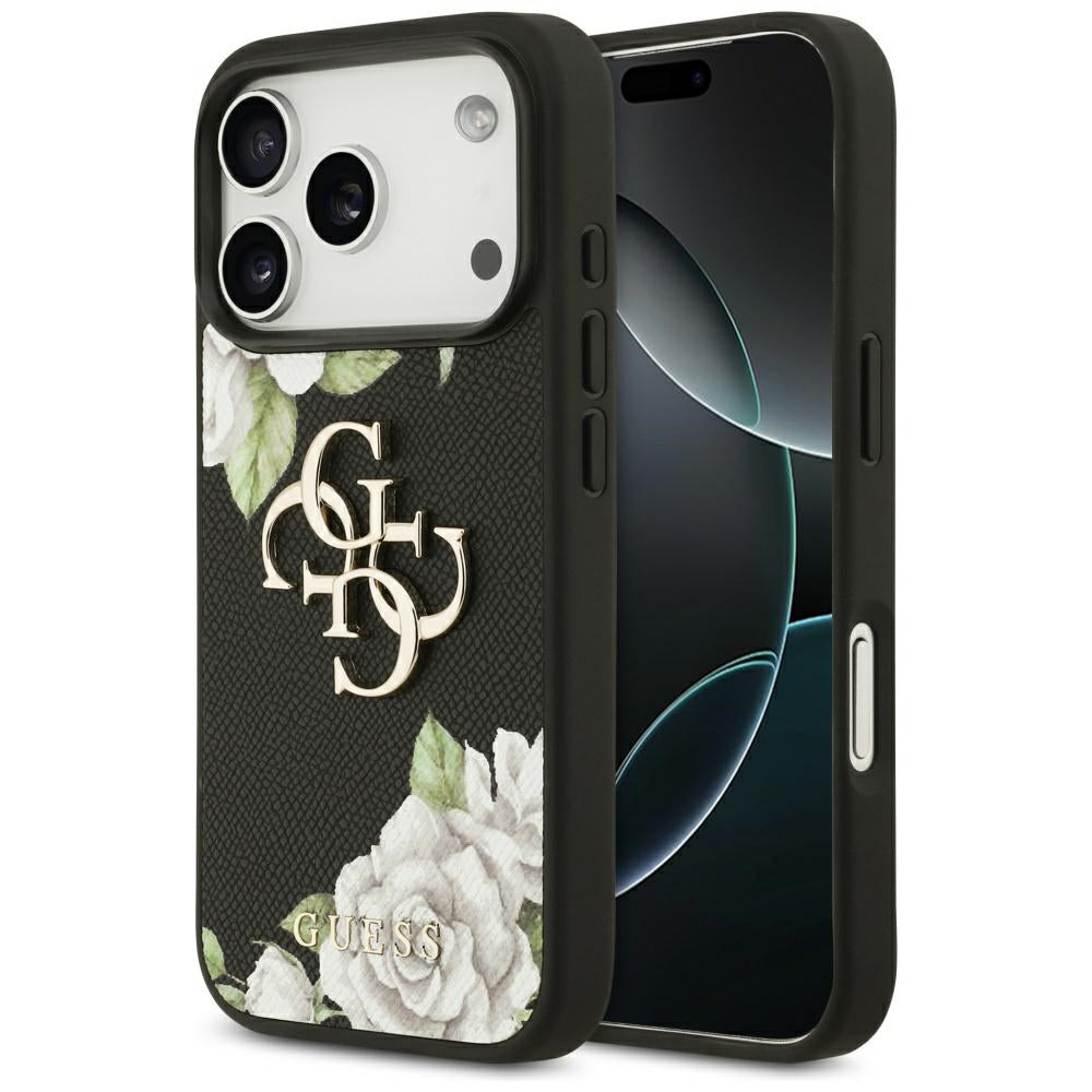 Custodia per Apple iPhone 17 Pro, Guess, 4G Grained Roses Big Logo, Nera