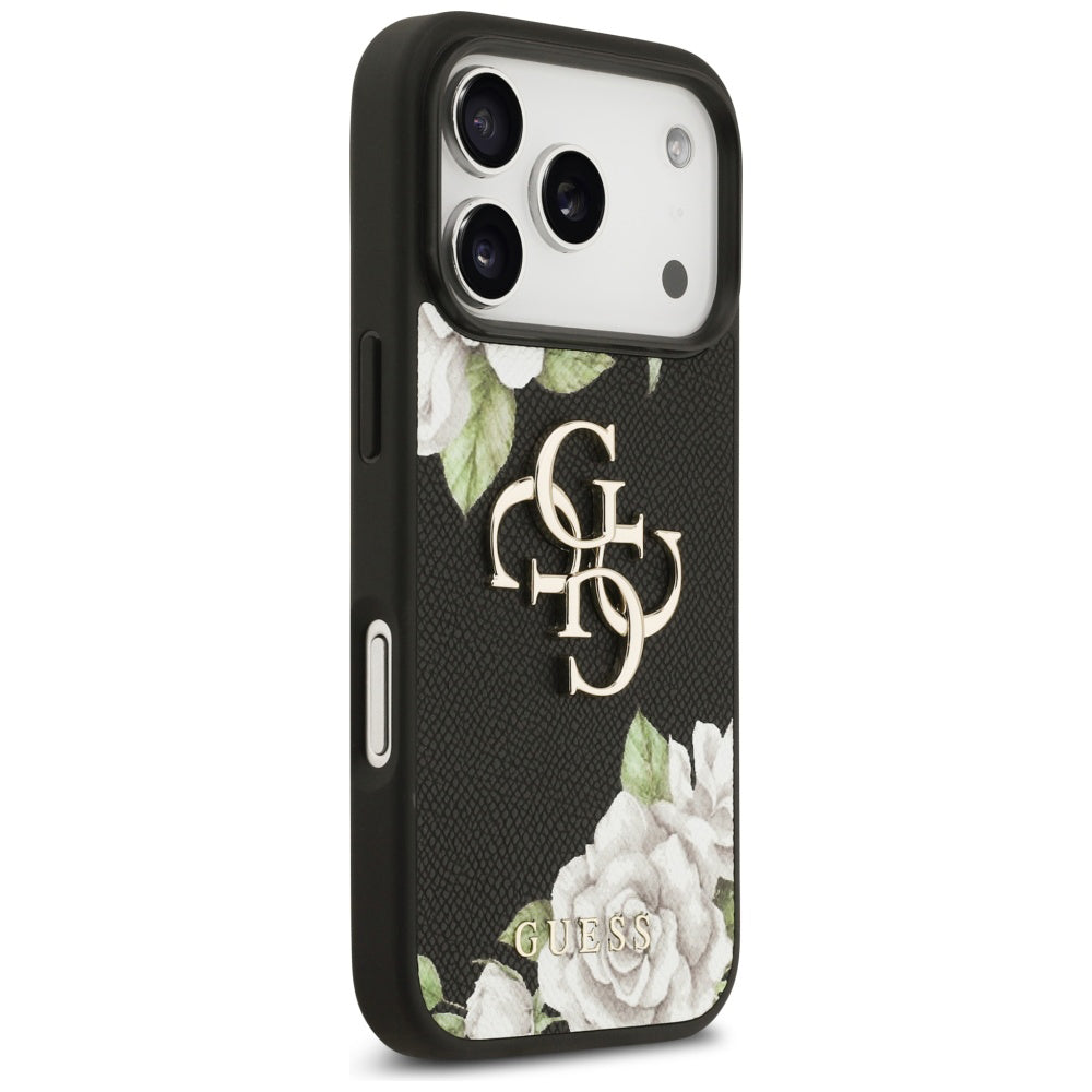 Custodia per Apple iPhone 17 Pro, Guess, 4G Grained Roses Big Logo, Nera