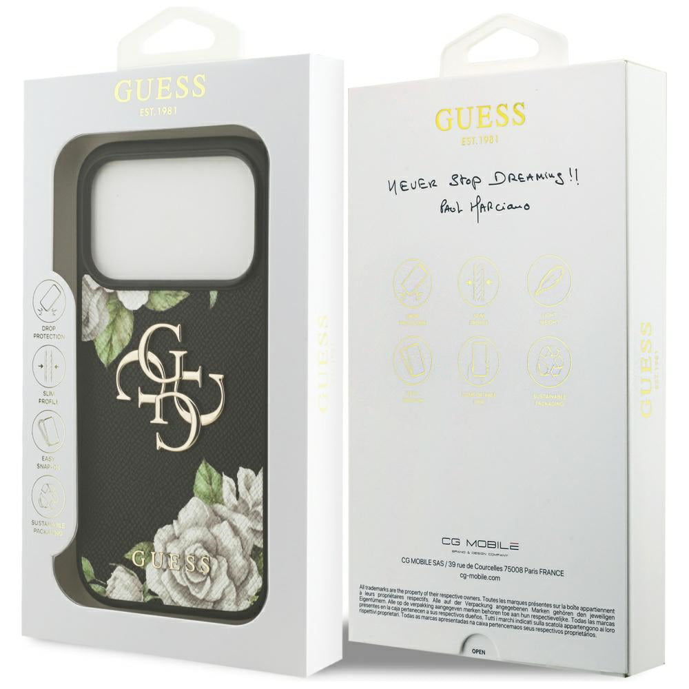 Custodia per Apple iPhone 17 Pro, Guess, 4G Grained Roses Big Logo, Nera