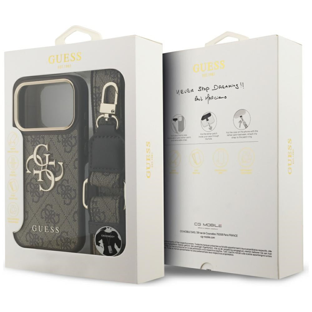 Custodia per Apple iPhone 17 Pro, Guess, Big 4G Classic Logo with Big Strap, Marrone