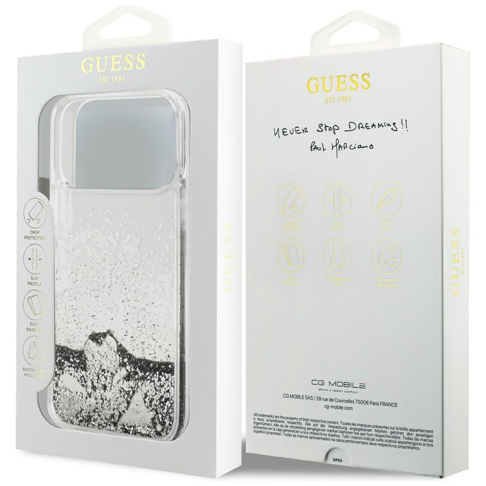Custodia per Apple iPhone 17 Pro, Guess, Liquid Glitter Charms, Argento
