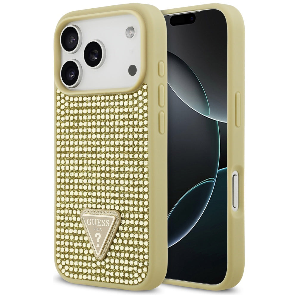Custodia per Apple iPhone 17 Pro, Guess, Logo Triangolo di Strass, Dorata