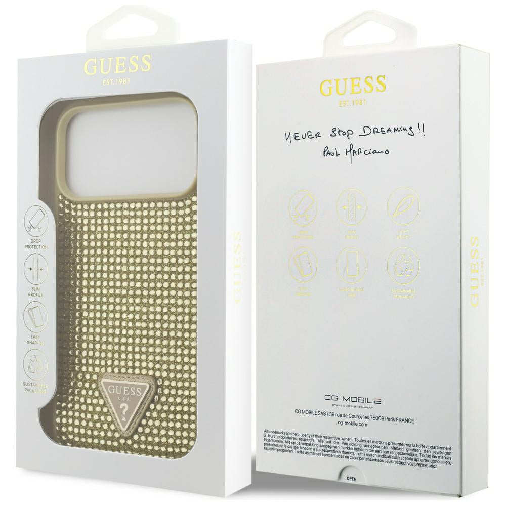 Custodia per Apple iPhone 17 Pro, Guess, Logo Triangolo di Strass, Dorata