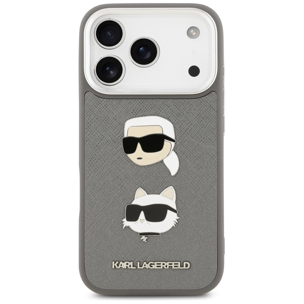 Custodia per Apple iPhone 17 Pro, Karl Lagerfeld, Grained Karl & Choupette's Heads Pins and Logo, Grigio