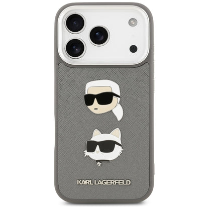 Custodia per Apple iPhone 17 Pro, Karl Lagerfeld, Grained Karl & Choupette's Heads Pins and Logo, Grigio