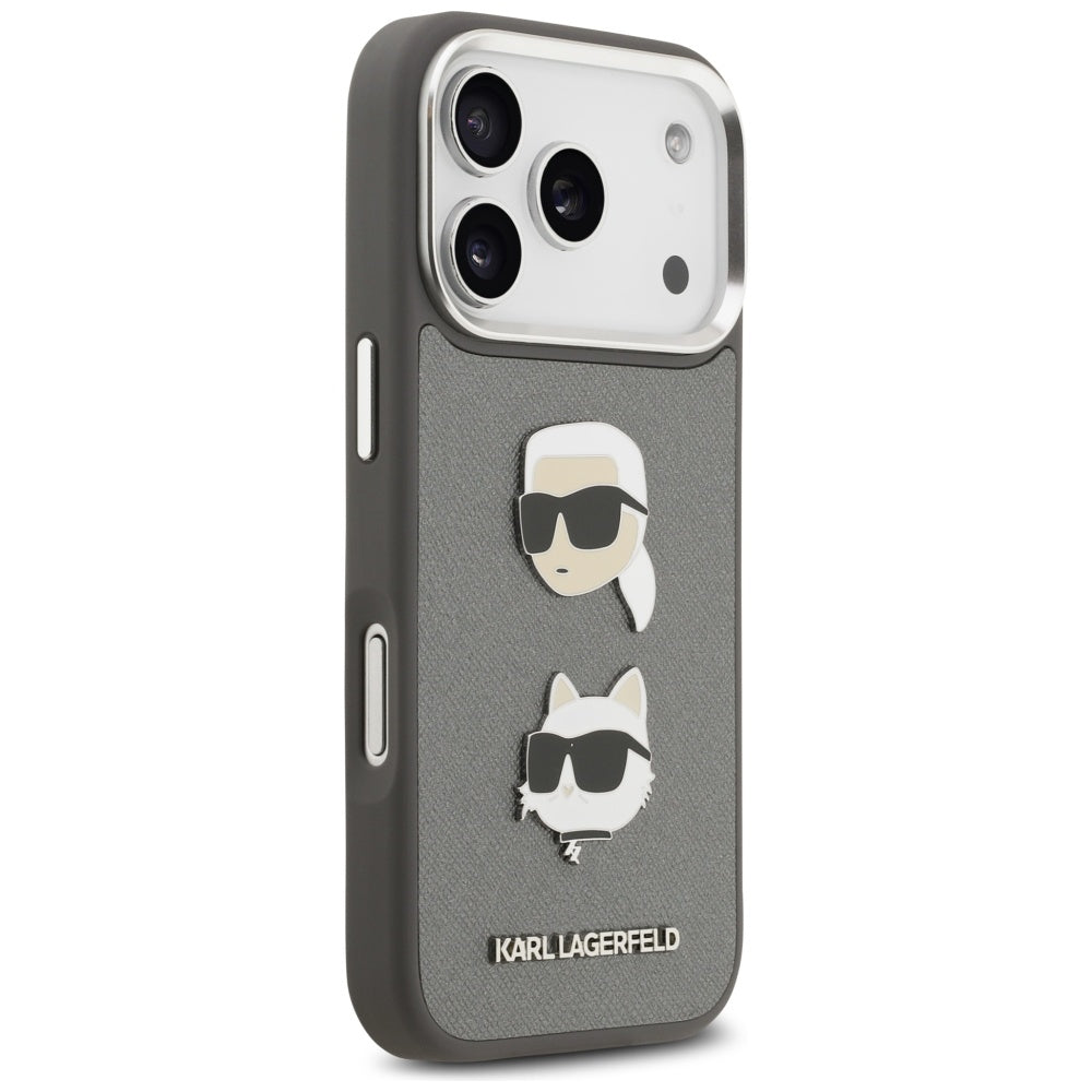 Custodia per Apple iPhone 17 Pro, Karl Lagerfeld, Grained Karl & Choupette's Heads Pins and Logo, Grigio