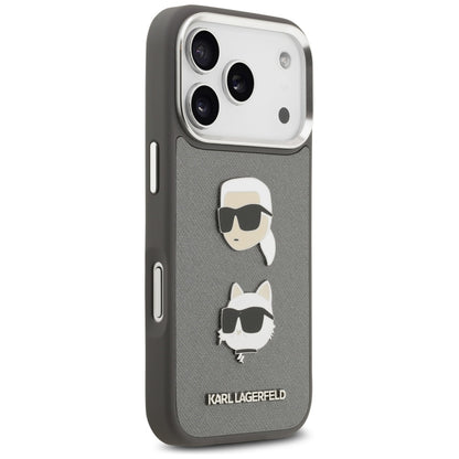 Custodia per Apple iPhone 17 Pro, Karl Lagerfeld, Grained Karl & Choupette's Heads Pins and Logo, Grigio