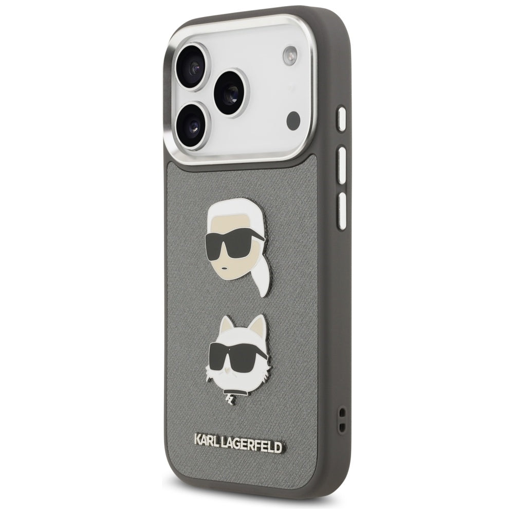 Custodia per Apple iPhone 17 Pro, Karl Lagerfeld, Grained Karl & Choupette's Heads Pins and Logo, Grigio