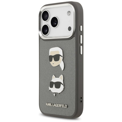 Custodia per Apple iPhone 17 Pro, Karl Lagerfeld, Grained Karl & Choupette's Heads Pins and Logo, Grigio