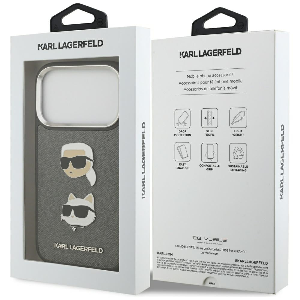 Custodia per Apple iPhone 17 Pro, Karl Lagerfeld, Grained Karl & Choupette's Heads Pins and Logo, Grigio