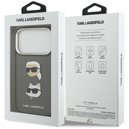 Custodia per Apple iPhone 17 Pro, Karl Lagerfeld, Grained Karl & Choupette's Heads Pins and Logo, Grigio