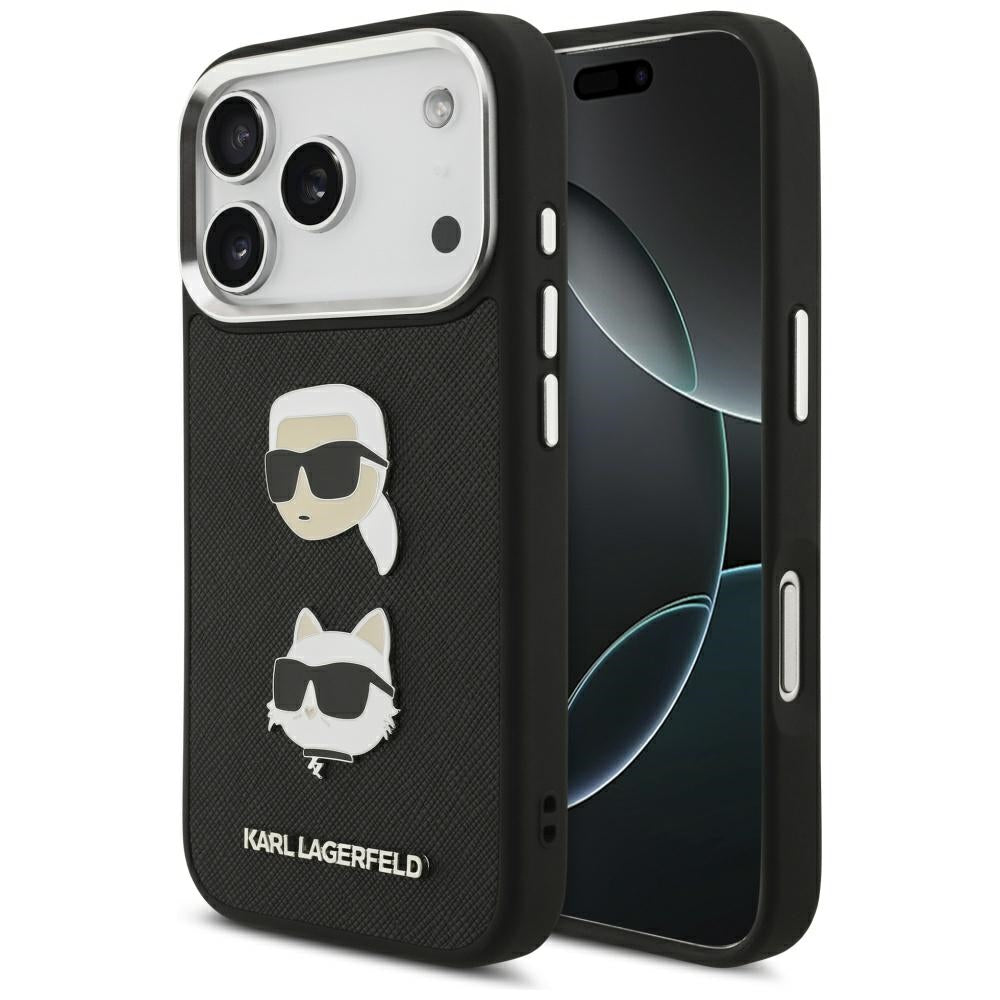 Case for Apple iPhone 17 Pro, Karl Lagerfeld, Grained Karl & Choupette's Heads Pins and Logo, Black