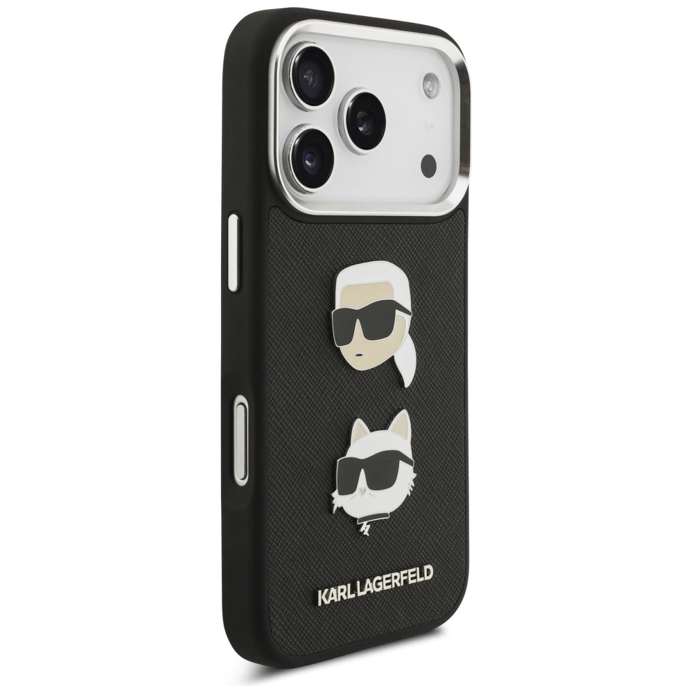 Case for Apple iPhone 17 Pro, Karl Lagerfeld, Grained Karl & Choupette's Heads Pins and Logo, Black