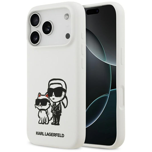 Custodia per Apple iPhone 17 Pro, Karl Lagerfeld, Sketch and Logo Karl & Choupette, Bianca