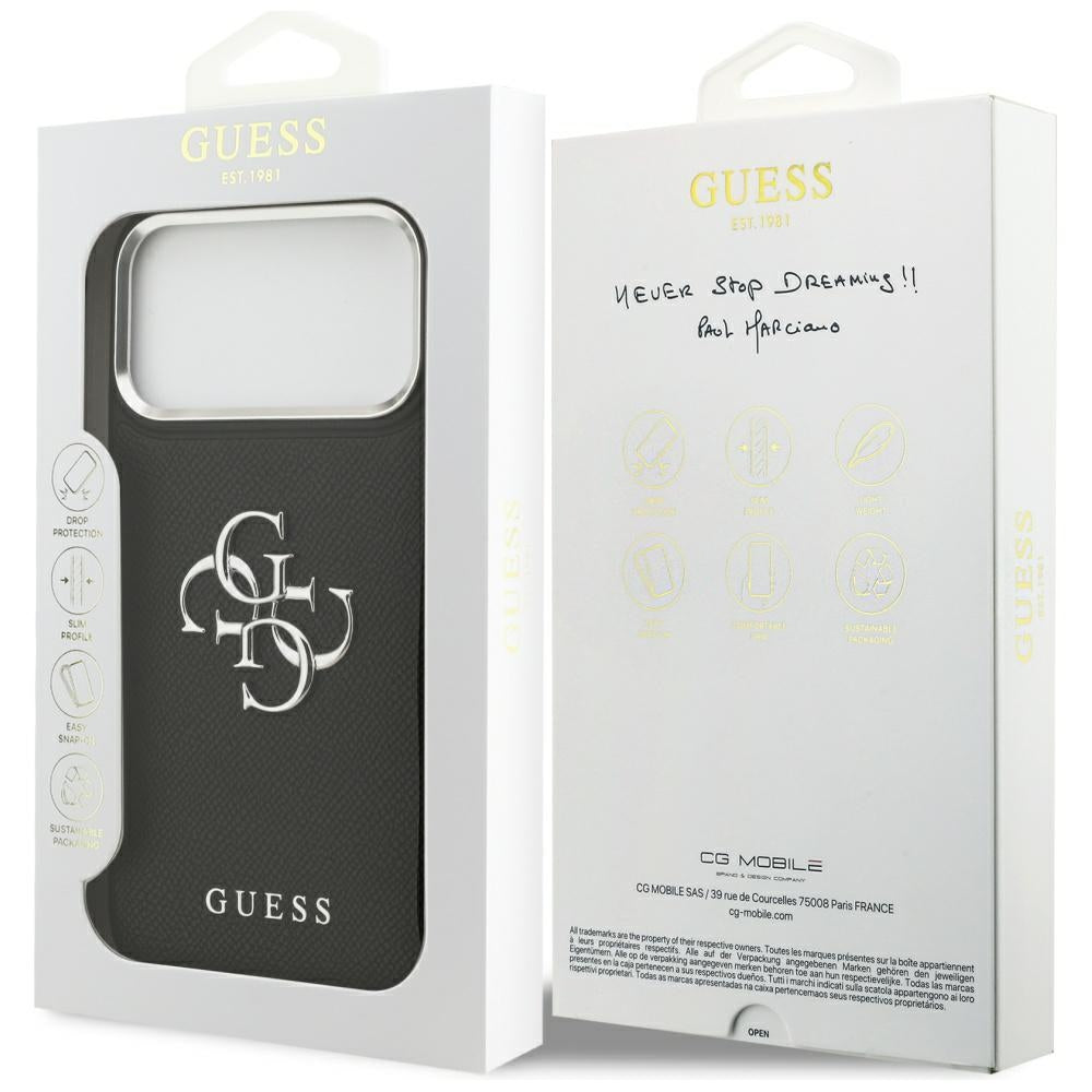 Custodia per Apple iPhone 17 Pro Max, Guess, 4G Grained Big and Classic Logo, Nera Argentata