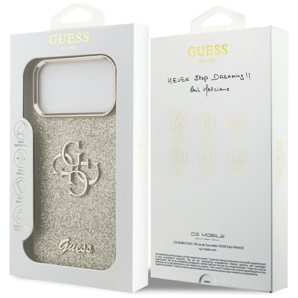 Custodia per Apple iPhone 17 Pro Max, Guess, Fixed Glitter Big 4G Metal Frame, Dorata