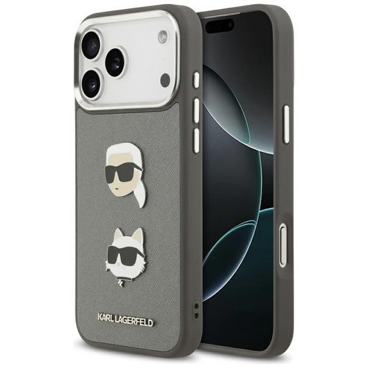 Custodia per Apple iPhone 17 Pro Max, Karl Lagerfeld, Grained Karl & Choupette's Heads Pins and Logo, Grigio