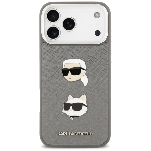 Custodia per Apple iPhone 17 Pro Max, Karl Lagerfeld, Grained Karl & Choupette's Heads Pins and Logo, Grigio