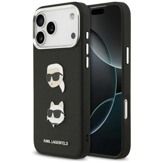 Custodia per Apple iPhone 17 Pro Max, Karl Lagerfeld, Grained Karl & Choupette's Heads Pins and Logo, Nera