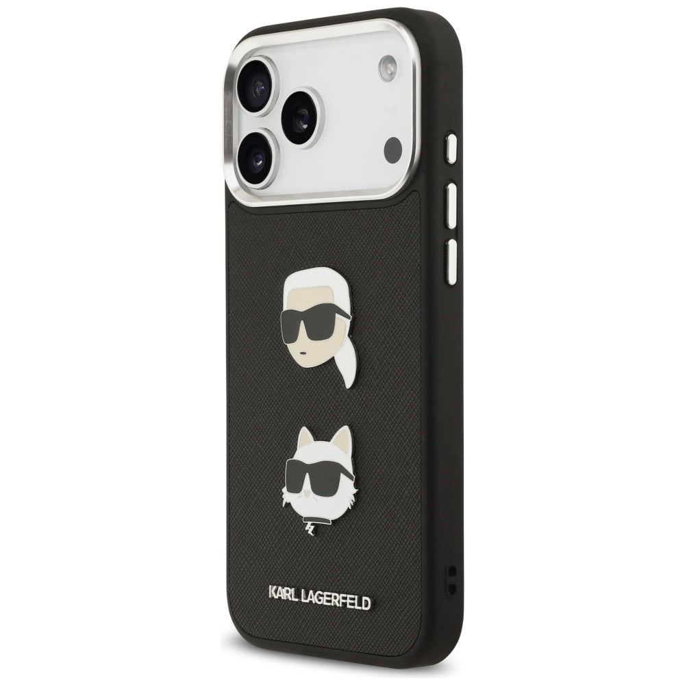 Custodia per Apple iPhone 17 Pro Max, Karl Lagerfeld, Grained Karl & Choupette's Heads Pins and Logo, Nera