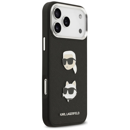 Custodia per Apple iPhone 17 Pro Max, Karl Lagerfeld, Grained Karl & Choupette's Heads Pins and Logo, Nera