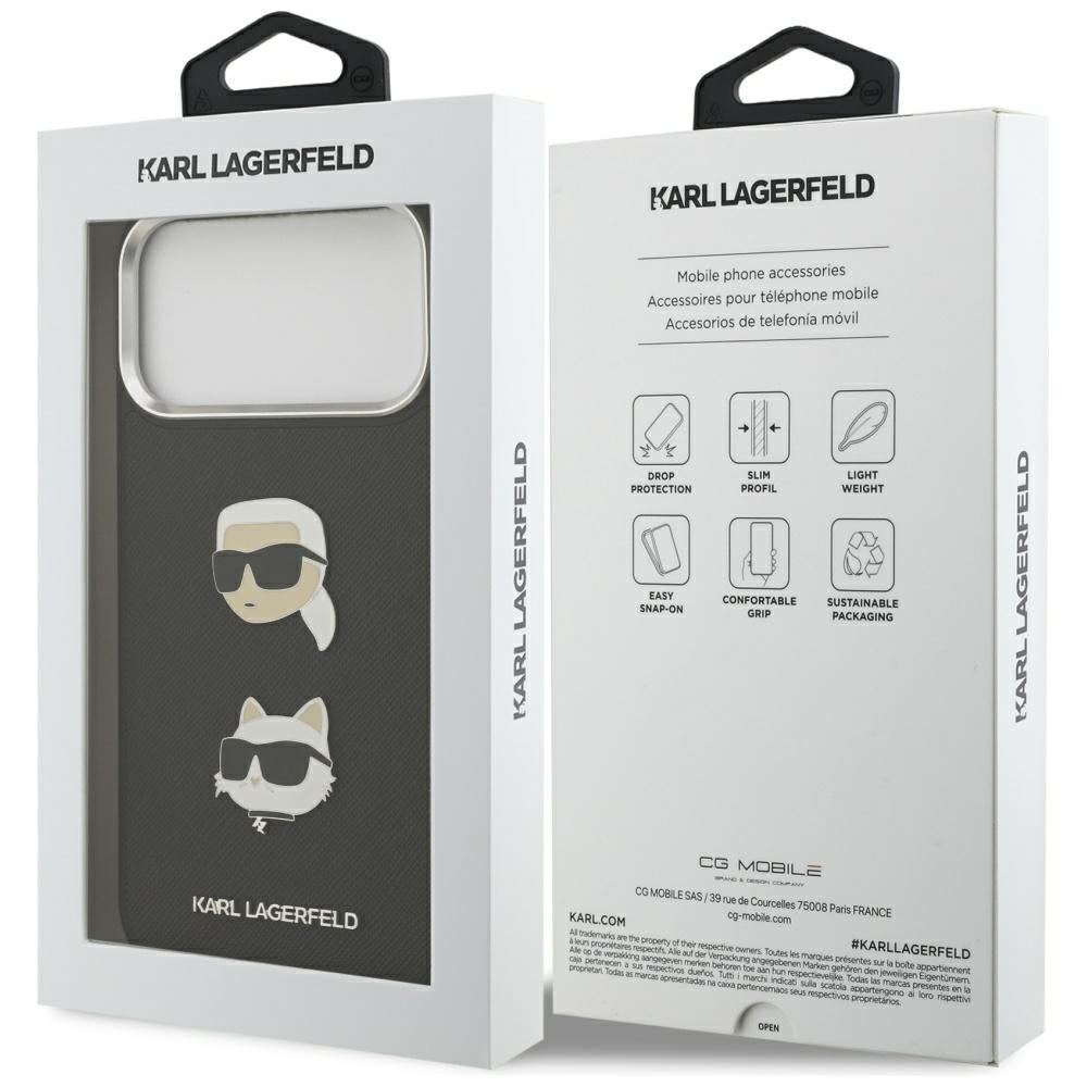 Custodia per Apple iPhone 17 Pro Max, Karl Lagerfeld, Grained Karl & Choupette's Heads Pins and Logo, Nera