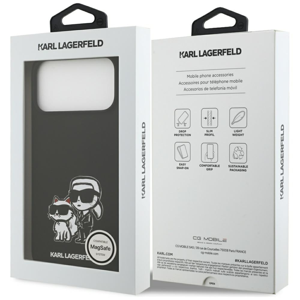Custodia per Apple iPhone 17 Pro Max, Karl Lagerfeld, Sketch and Logo Karl & Choupette, Nera