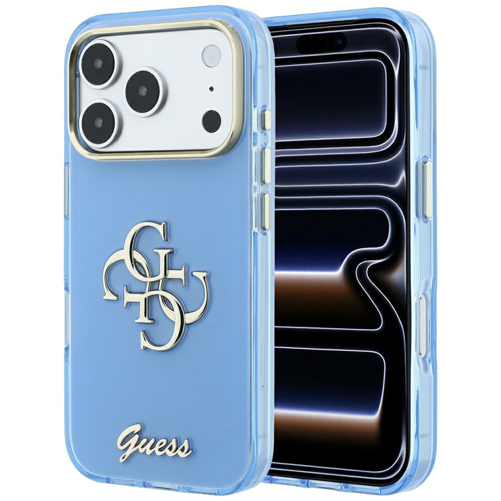 Custodia per Apple iPhone 18 Pro / 17 Pro, Guess, IML 4G Metal Script, Blu