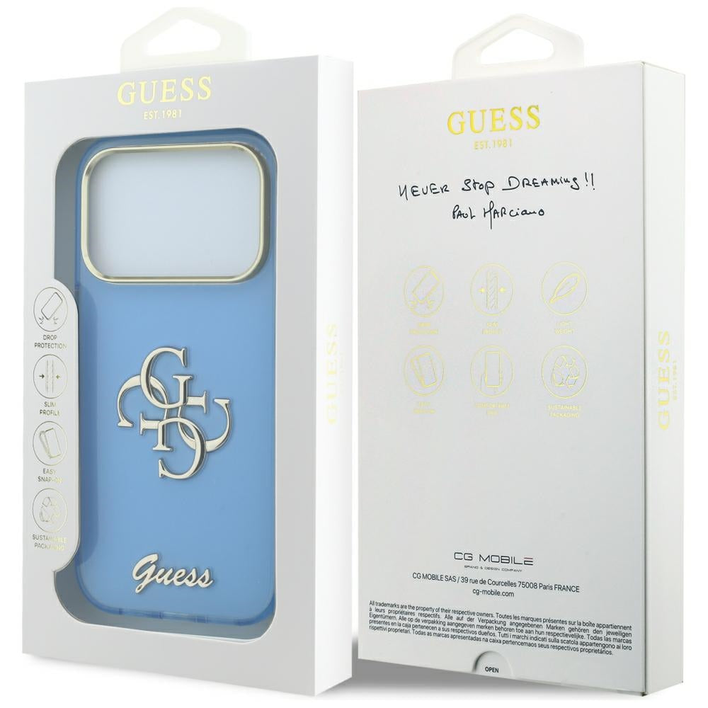 Custodia per Apple iPhone 18 Pro / 17 Pro, Guess, IML 4G Metal Script, Blu
