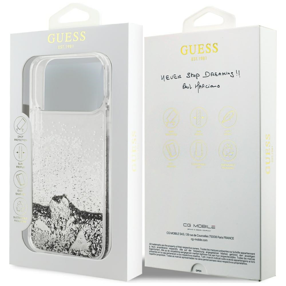 Custodia per Apple iPhone 18 Pro / 17 Pro, Guess, Liquid Glitter Charms, Argento