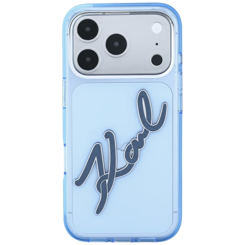 Custodia per Apple iPhone 18 Pro / 17 Pro, Karl Lagerfeld, IML Big Signature Resin Logo e Cornice in Metallo, Blu