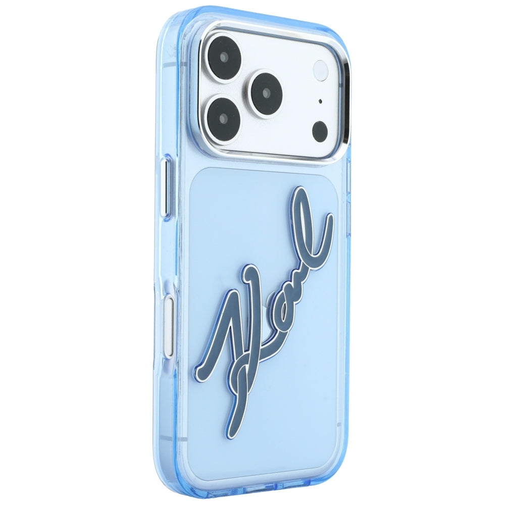 Custodia per Apple iPhone 18 Pro / 17 Pro, Karl Lagerfeld, IML Big Signature Resin Logo e Cornice in Metallo, Blu