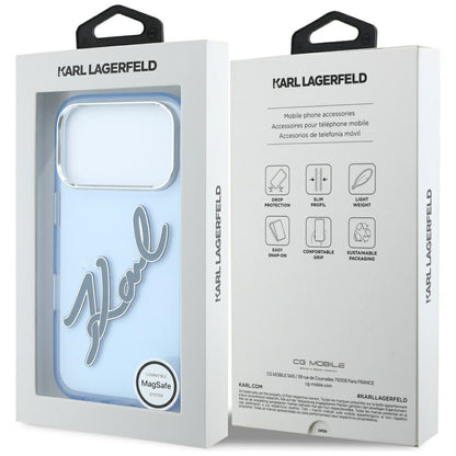Custodia per Apple iPhone 18 Pro / 17 Pro, Karl Lagerfeld, IML Big Signature Resin Logo e Cornice in Metallo, Blu